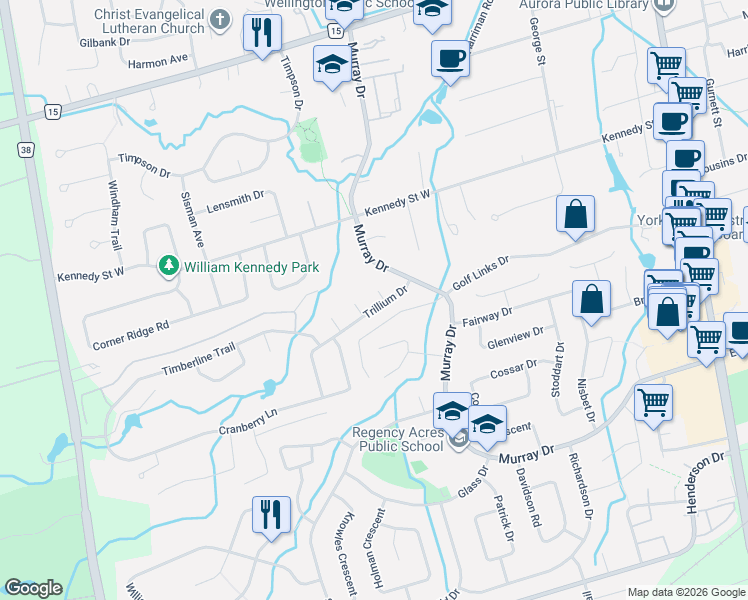 map of restaurants, bars, coffee shops, grocery stores, and more near 8 Trillium Drive in Aurora