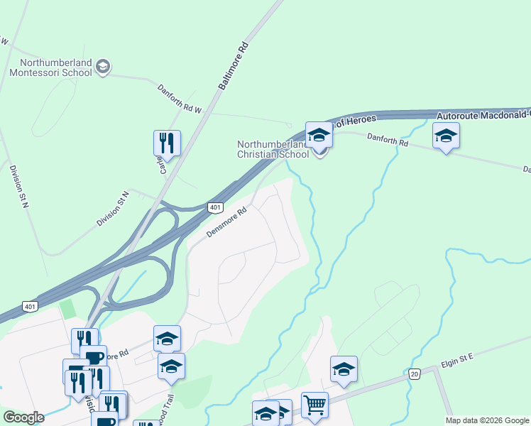 map of restaurants, bars, coffee shops, grocery stores, and more near 1331 Alder Road in Cobourg