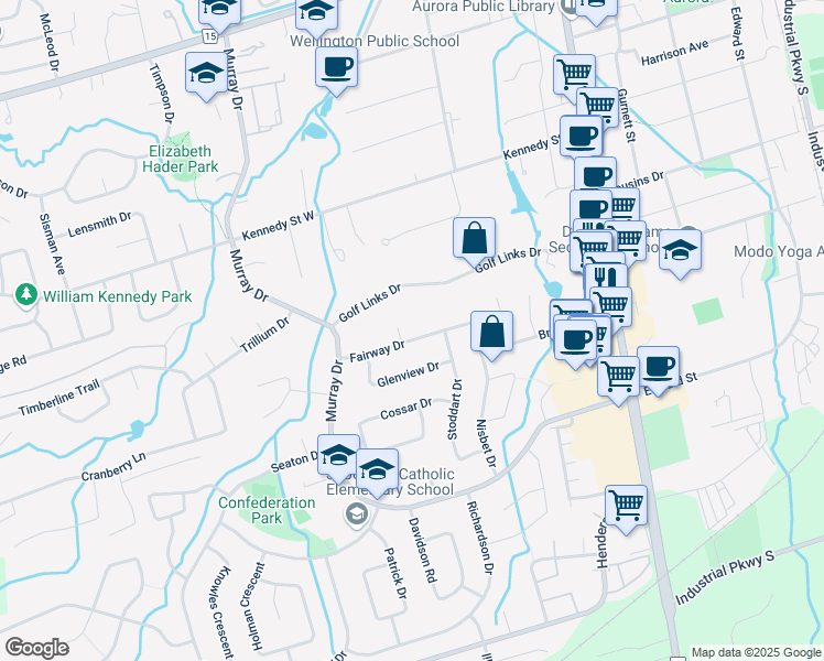 map of restaurants, bars, coffee shops, grocery stores, and more near 70 Fairway Drive in Aurora