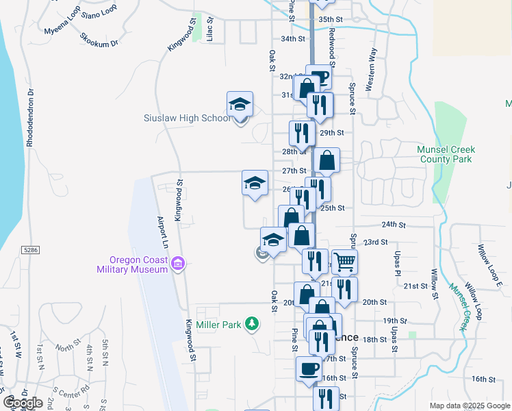 map of restaurants, bars, coffee shops, grocery stores, and more near 2525 Oak Street in Florence