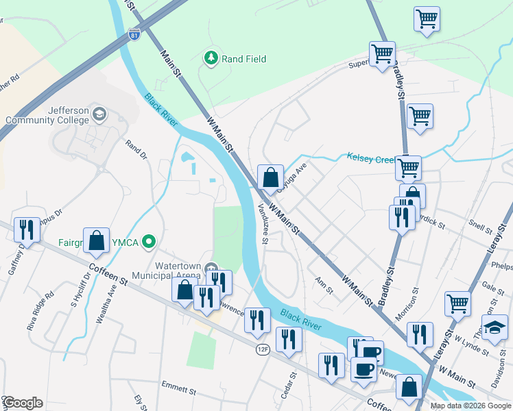 map of restaurants, bars, coffee shops, grocery stores, and more near 1003 West Main Street in Watertown