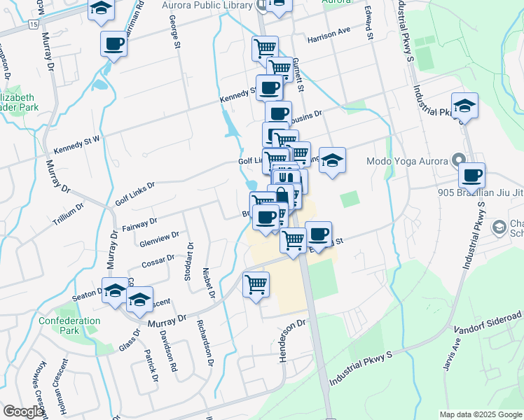 map of restaurants, bars, coffee shops, grocery stores, and more near 15 Brookland Avenue in Aurora