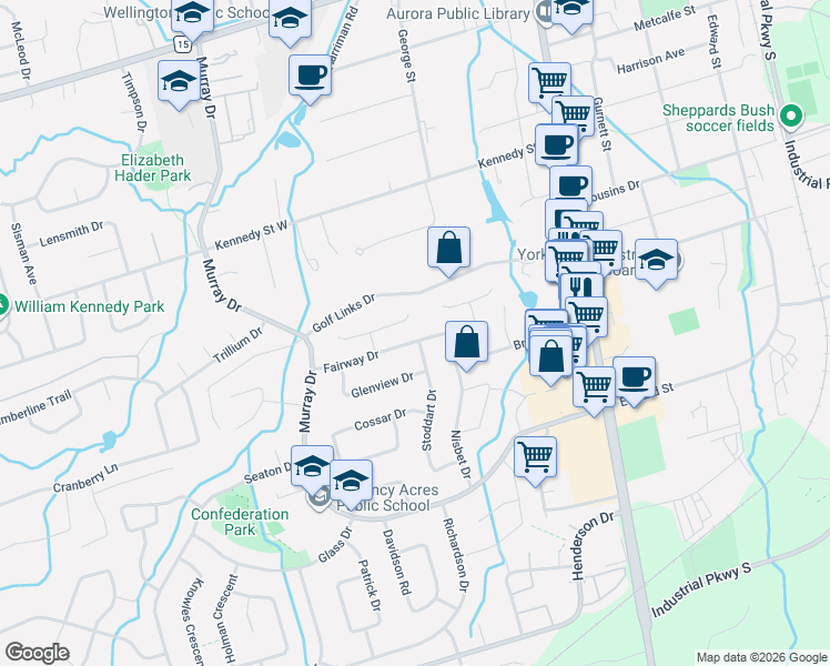 map of restaurants, bars, coffee shops, grocery stores, and more near 60 Fairway Drive in Aurora