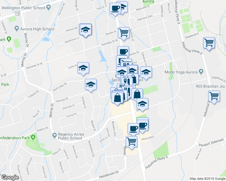 map of restaurants, bars, coffee shops, grocery stores, and more near 24 Brookland Avenue in Aurora