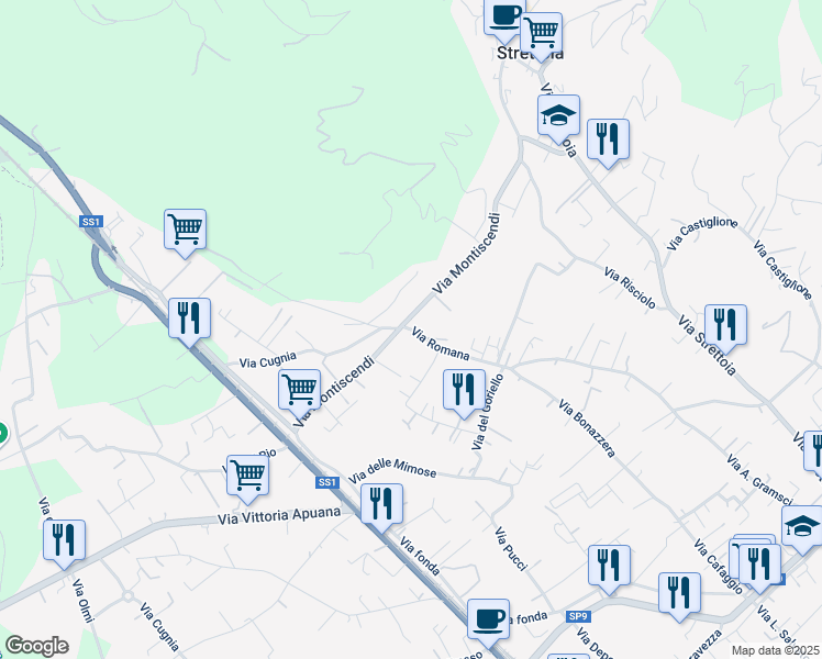 map of restaurants, bars, coffee shops, grocery stores, and more near 131 Via Montiscendi in Strettoia