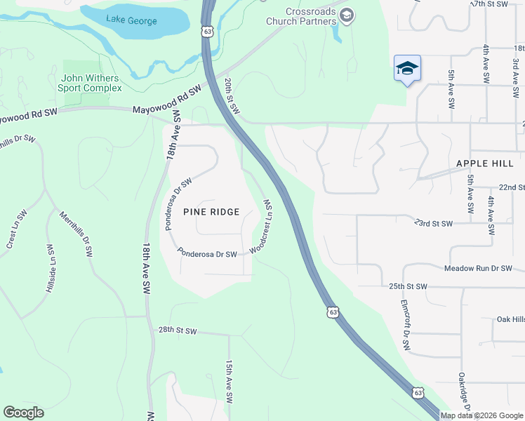 map of restaurants, bars, coffee shops, grocery stores, and more near 2214 Red Pine Avenue Southwest in Rochester