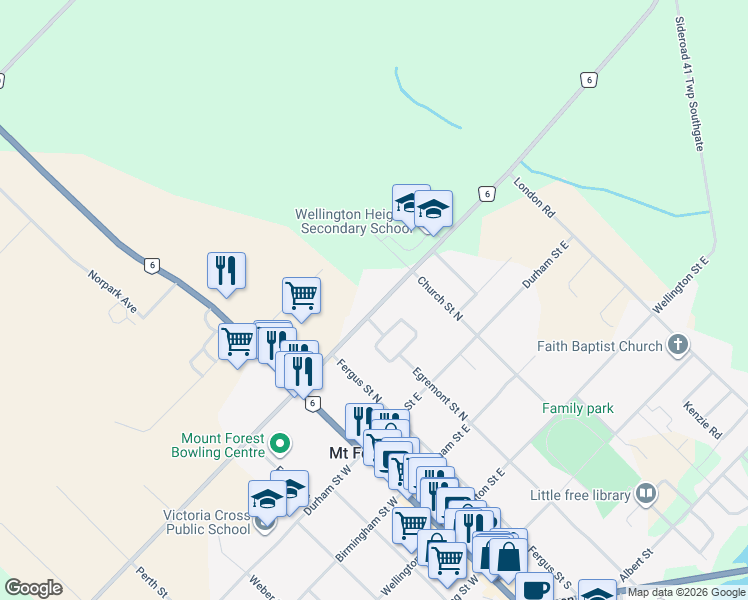 map of restaurants, bars, coffee shops, grocery stores, and more near 321 Sligo Road East in Mount Forest