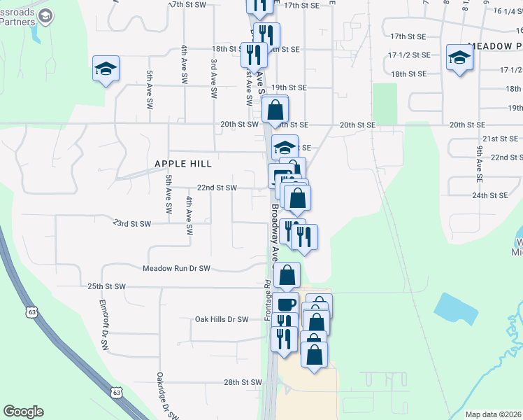 map of restaurants, bars, coffee shops, grocery stores, and more near 2210 1st Avenue Southwest in Rochester