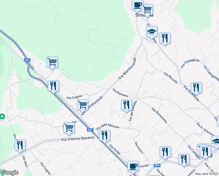 map of restaurants, bars, coffee shops, grocery stores, and more near 131 Via Montiscendi in Strettoia