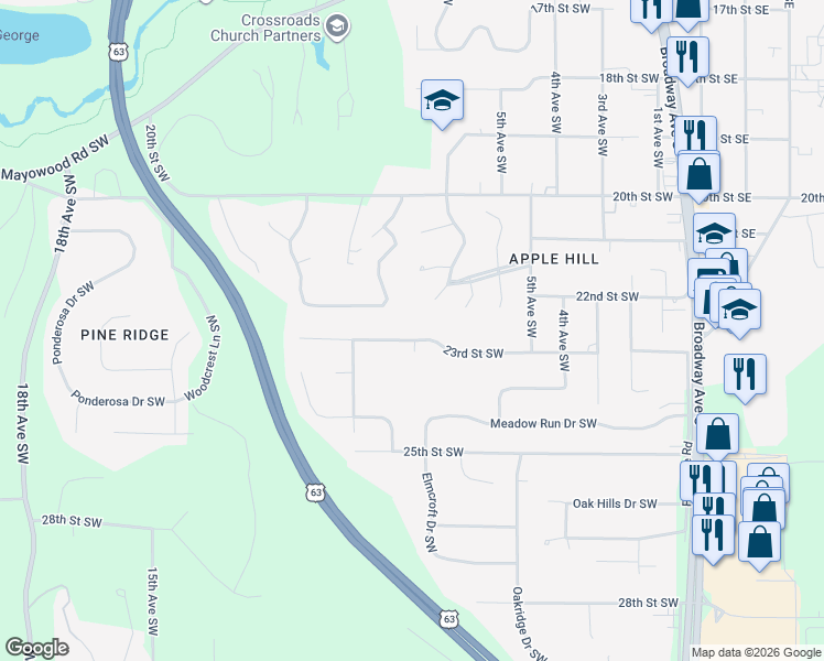 map of restaurants, bars, coffee shops, grocery stores, and more near 807 23rd Street Southwest in Rochester
