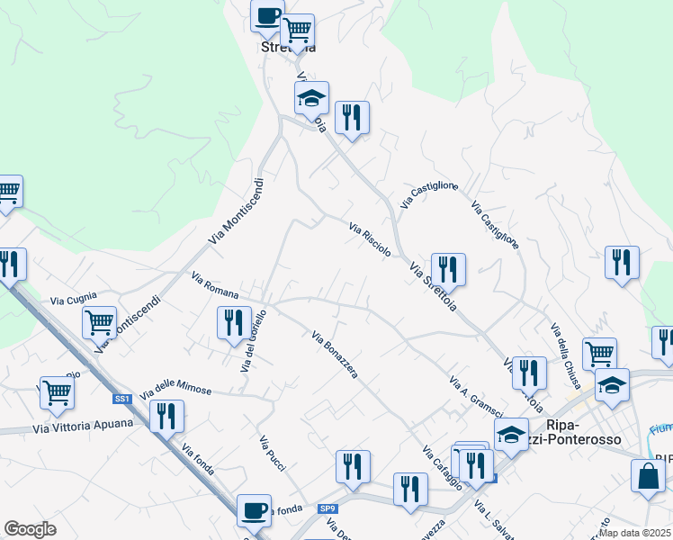 map of restaurants, bars, coffee shops, grocery stores, and more near 105 Via Romana in Strettoia
