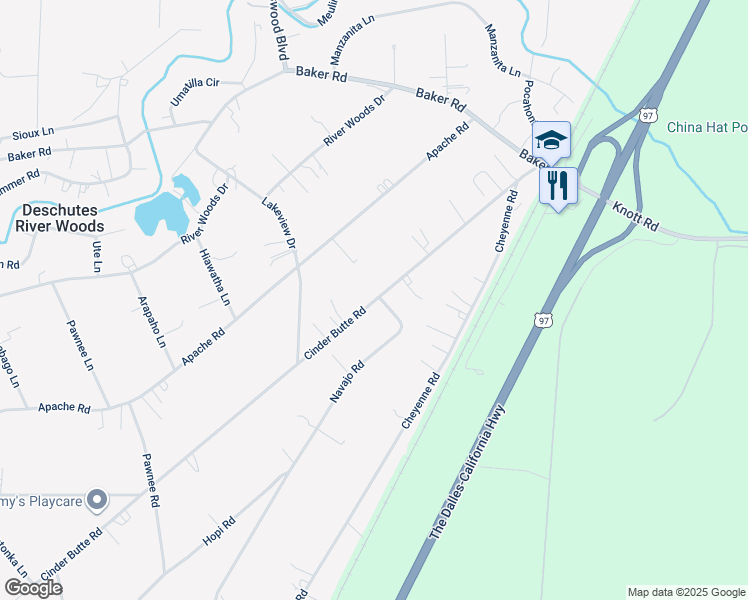 map of restaurants, bars, coffee shops, grocery stores, and more near 60285 Cinder Butte Road in Bend