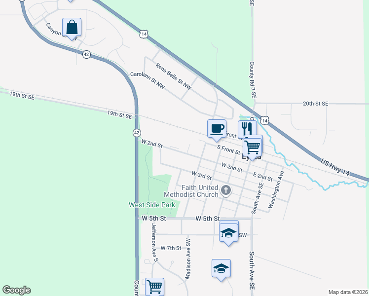 map of restaurants, bars, coffee shops, grocery stores, and more near 411 West 2nd Street in Eyota