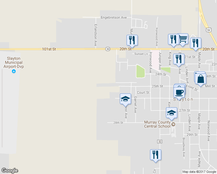 map of restaurants, bars, coffee shops, grocery stores, and more near 1891 25th Street in Slayton