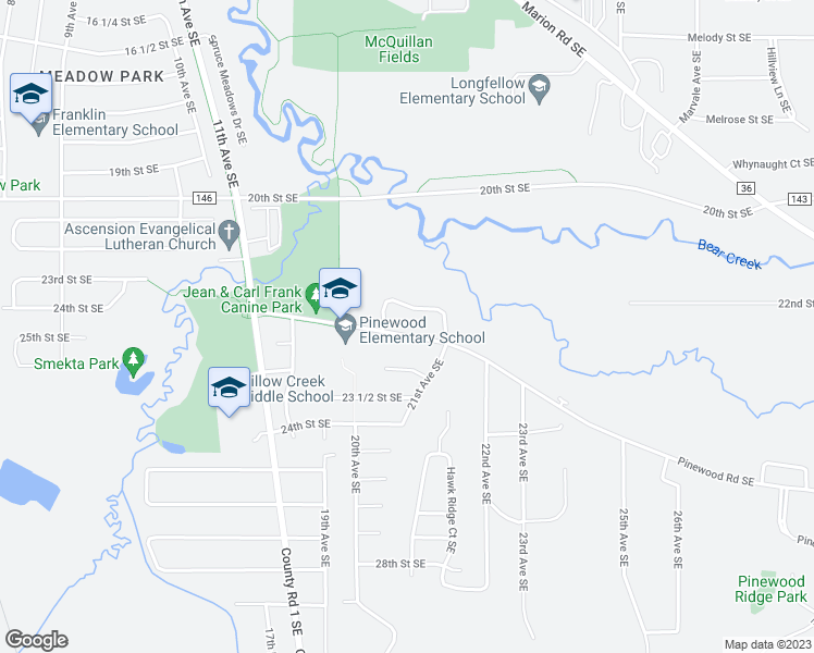 map of restaurants, bars, coffee shops, grocery stores, and more near 2021 Pinewood Road Southeast in Rochester