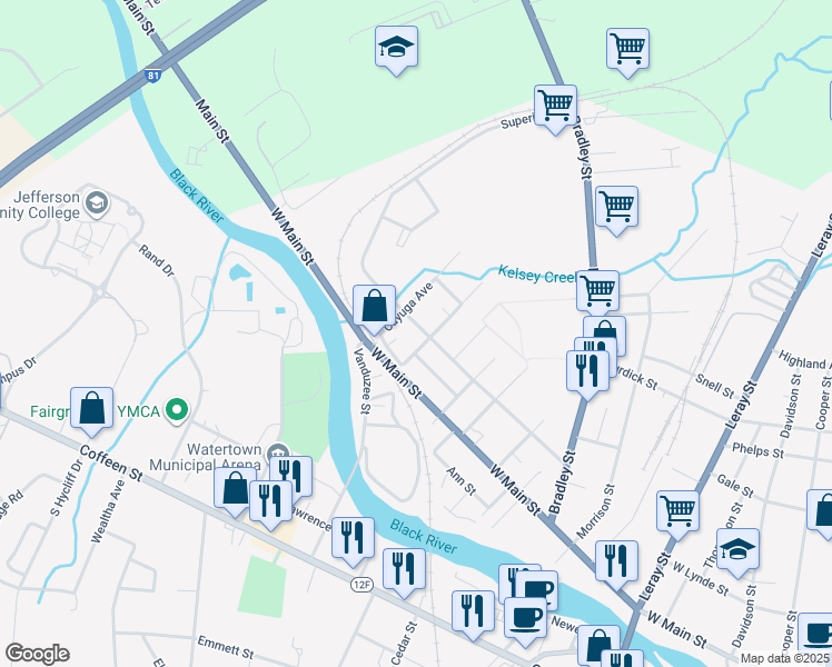 map of restaurants, bars, coffee shops, grocery stores, and more near 1005 Superior Street in Watertown