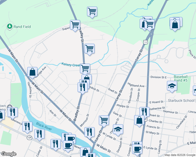 map of restaurants, bars, coffee shops, grocery stores, and more near 836 Morrison Street in Watertown