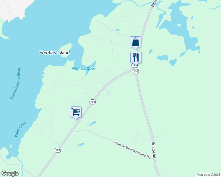 map of restaurants, bars, coffee shops, grocery stores, and more near 52 Maine 129 in South Bristol