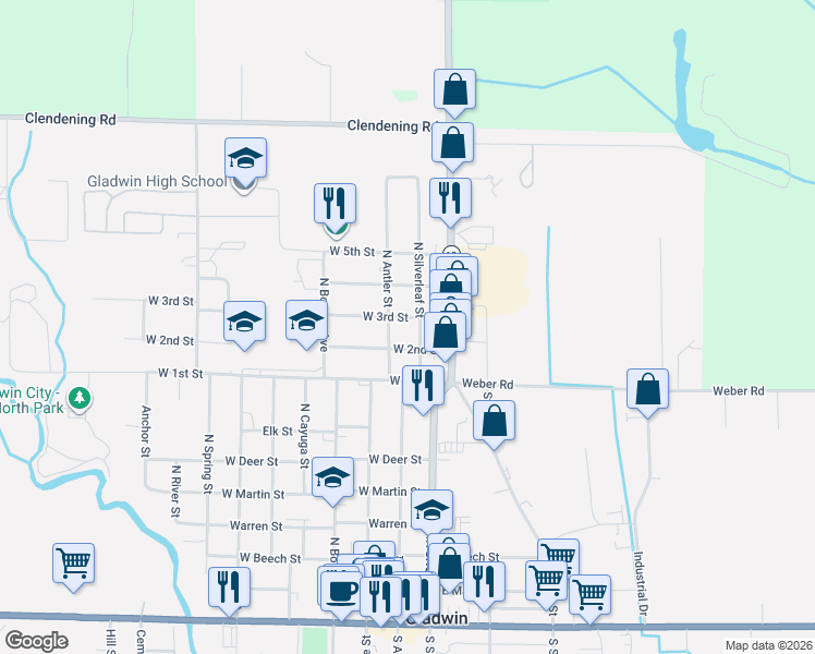 map of restaurants, bars, coffee shops, grocery stores, and more near 203 West 3rd Street in Gladwin