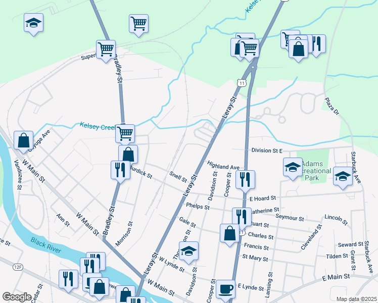 map of restaurants, bars, coffee shops, grocery stores, and more near 887 Leray Street in Watertown