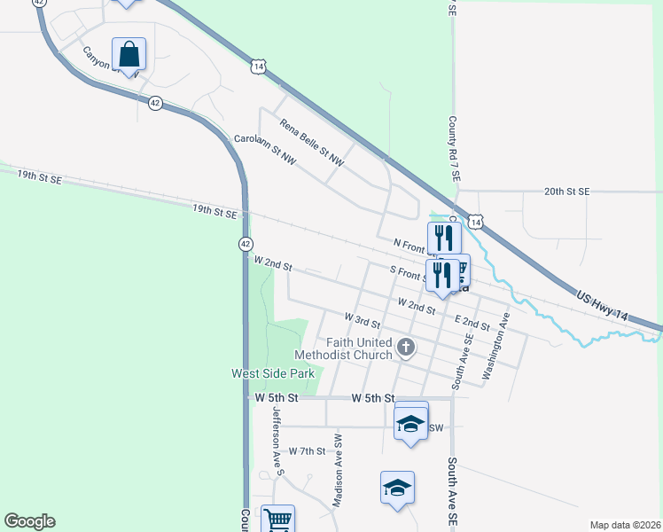map of restaurants, bars, coffee shops, grocery stores, and more near 411 West 2nd Street in Eyota