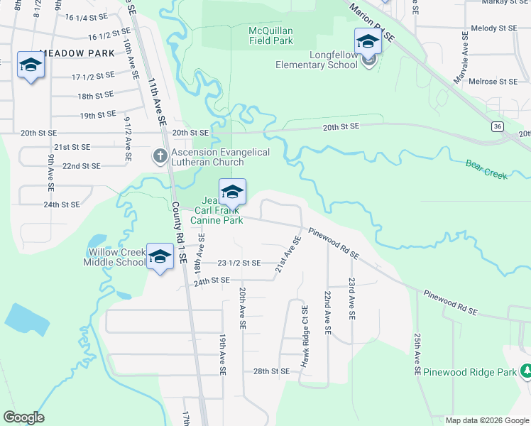 map of restaurants, bars, coffee shops, grocery stores, and more near 2021 Pinewood Road Southeast in Rochester