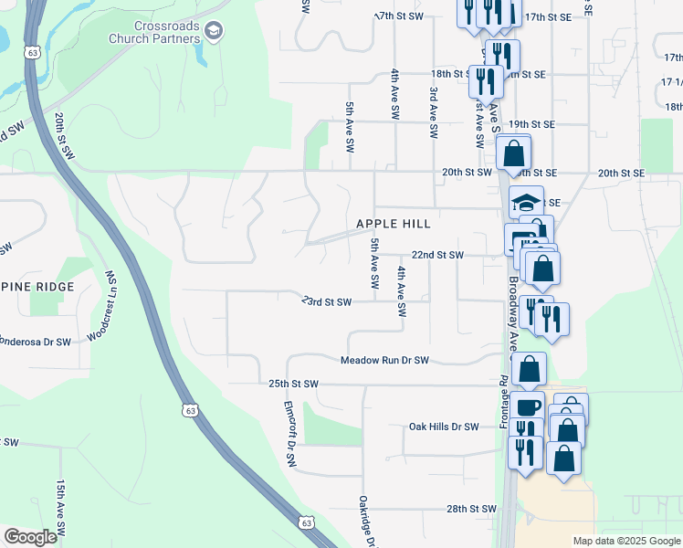 map of restaurants, bars, coffee shops, grocery stores, and more near 2217 Regent Ln SW in Rochester