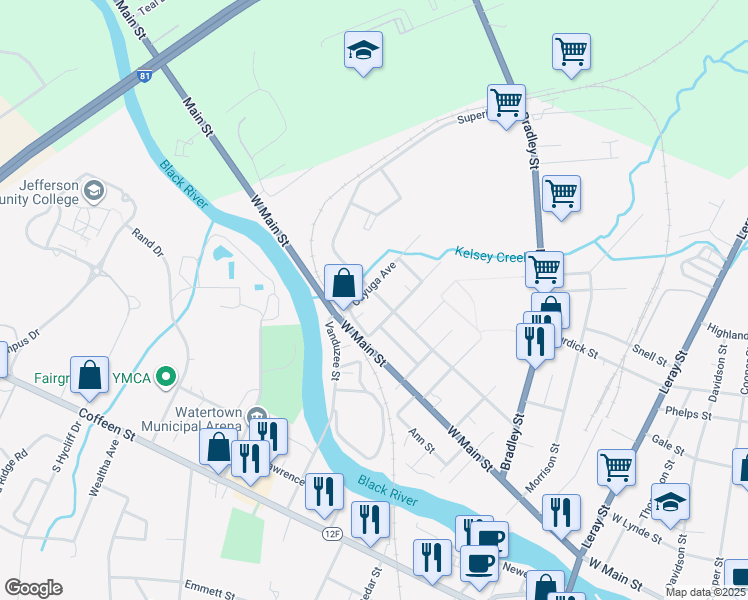 map of restaurants, bars, coffee shops, grocery stores, and more near 1005 Superior Street in Watertown