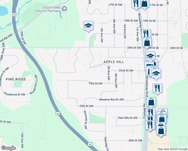 map of restaurants, bars, coffee shops, grocery stores, and more near 2217 Regent Lane Southwest in Rochester