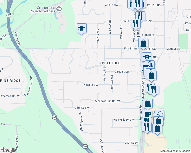map of restaurants, bars, coffee shops, grocery stores, and more near 2217 Regent Lane Southwest in Rochester