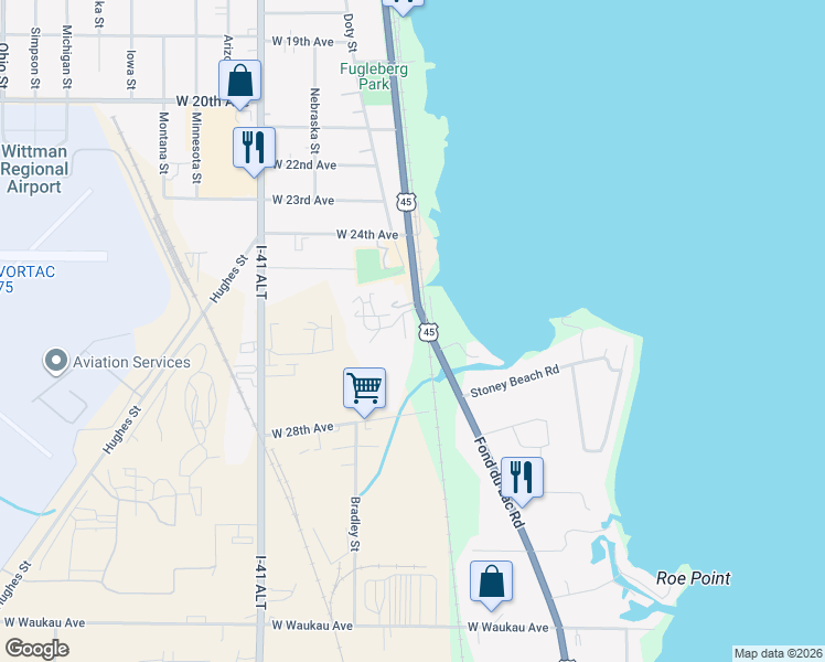 map of restaurants, bars, coffee shops, grocery stores, and more near 2604 Fond Du Lac Road in Oshkosh