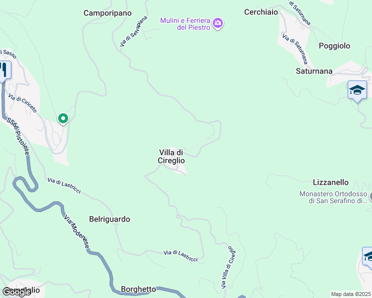 map of restaurants, bars, coffee shops, grocery stores, and more near Via Villa di Cireglio in Pistoia