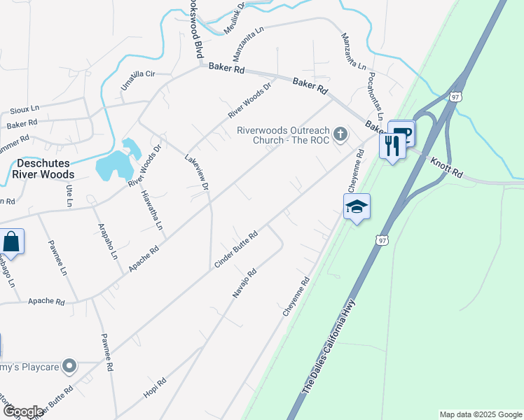 map of restaurants, bars, coffee shops, grocery stores, and more near 60285 Cinder Butte Road in Bend