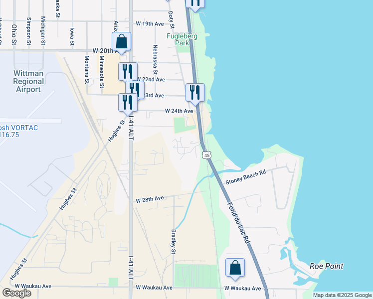 map of restaurants, bars, coffee shops, grocery stores, and more near 130 Cimarron Court in Oshkosh