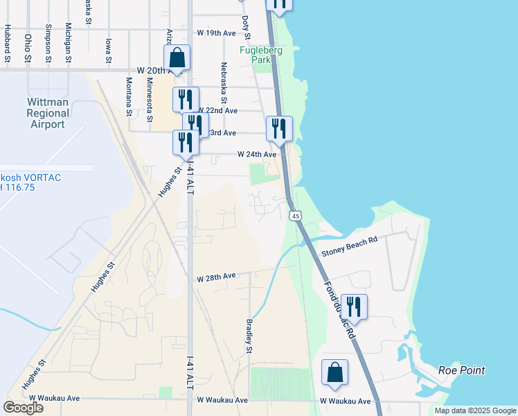 map of restaurants, bars, coffee shops, grocery stores, and more near 130 Cimarron Court in Oshkosh