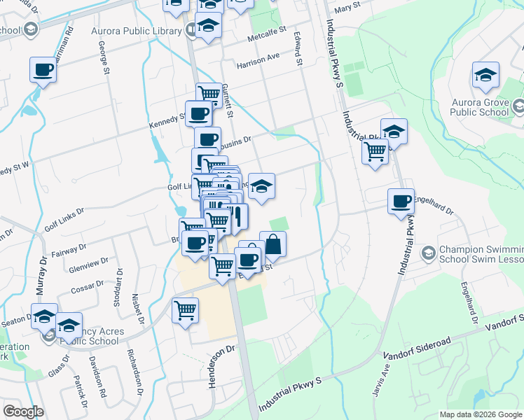 map of restaurants, bars, coffee shops, grocery stores, and more near 39 Dunning Avenue in Aurora