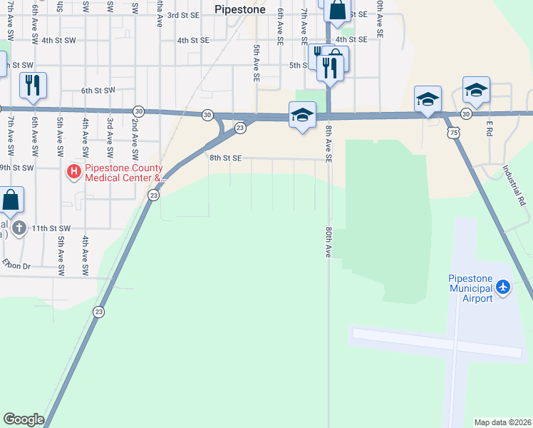 map of restaurants, bars, coffee shops, grocery stores, and more near 907 5th Avenue Southeast in Pipestone