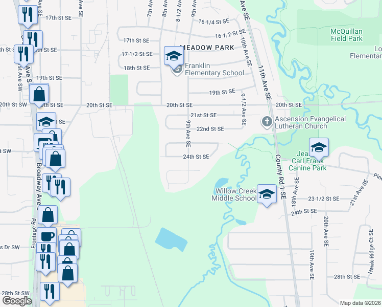 map of restaurants, bars, coffee shops, grocery stores, and more near 901 24th Street Southeast in Rochester