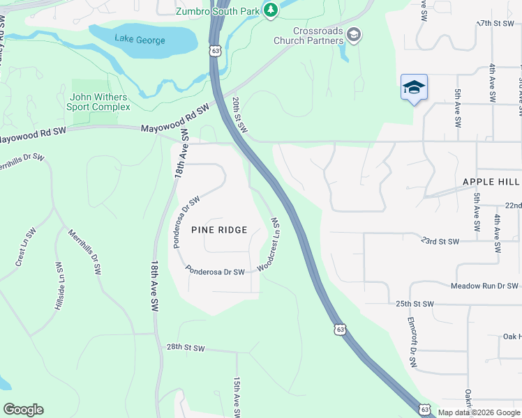 map of restaurants, bars, coffee shops, grocery stores, and more near 2129 Woodcrest Lane Southwest in Rochester