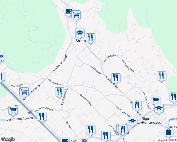 map of restaurants, bars, coffee shops, grocery stores, and more near 111 Via Risciolo in Strettoia