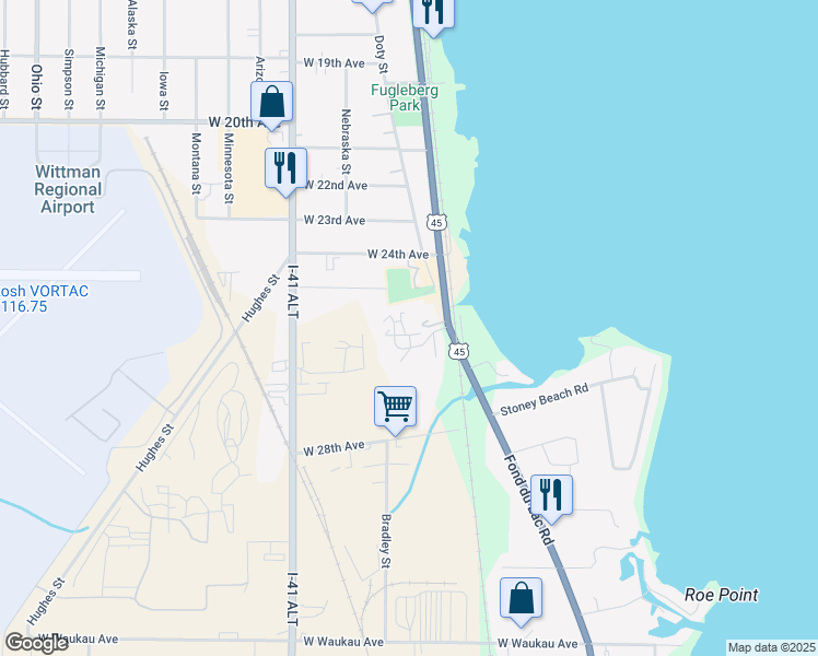 map of restaurants, bars, coffee shops, grocery stores, and more near 2421 Doty Street in Oshkosh
