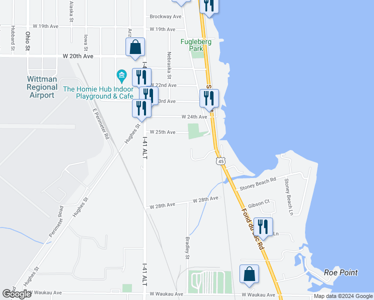 map of restaurants, bars, coffee shops, grocery stores, and more near 165 Cimarron Court in Oshkosh