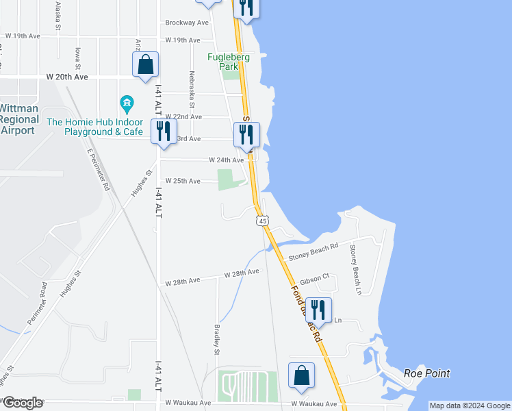 map of restaurants, bars, coffee shops, grocery stores, and more near 100 Cimarron Court in Oshkosh