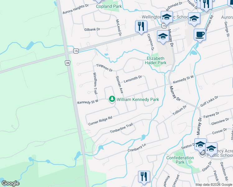 map of restaurants, bars, coffee shops, grocery stores, and more near 14 McGee Crescent in Aurora
