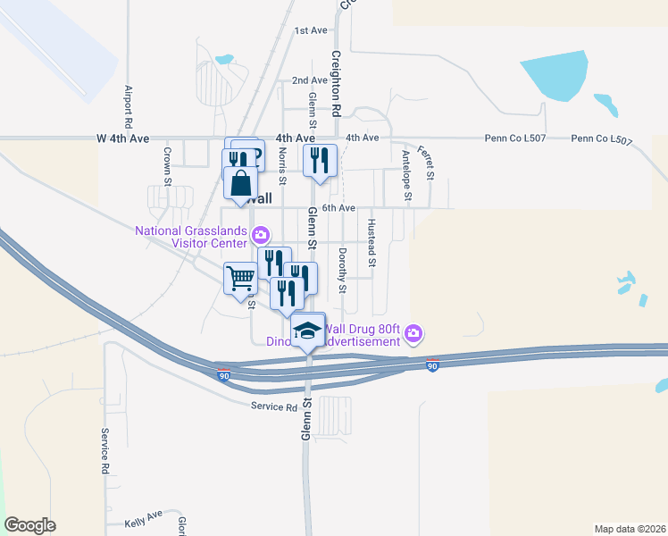 map of restaurants, bars, coffee shops, grocery stores, and more near 704 Glenn St in Wall