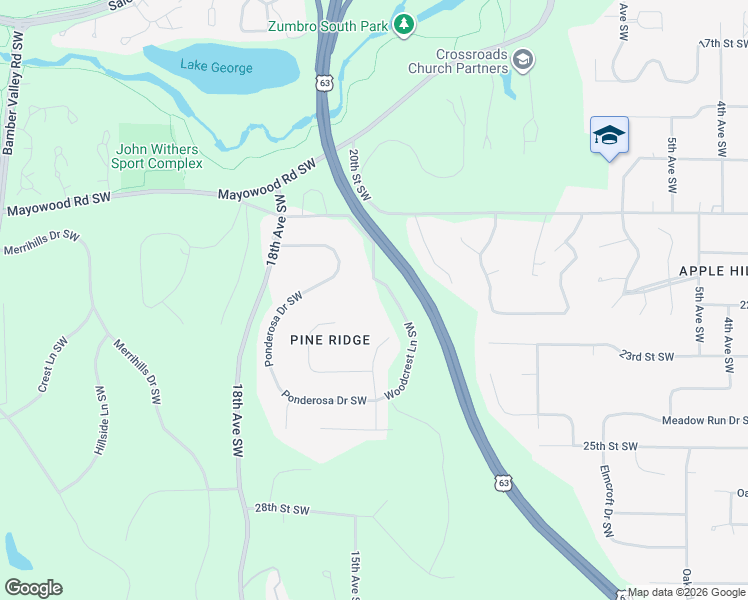 map of restaurants, bars, coffee shops, grocery stores, and more near 2129 Woodcrest Lane Southwest in Rochester