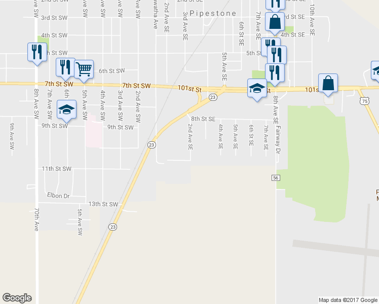 map of restaurants, bars, coffee shops, grocery stores, and more near 920 2nd Avenue Southeast in Pipestone