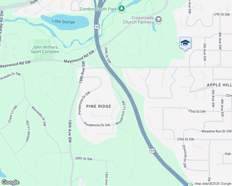 map of restaurants, bars, coffee shops, grocery stores, and more near 2129 Woodcrest Lane Southwest in Rochester