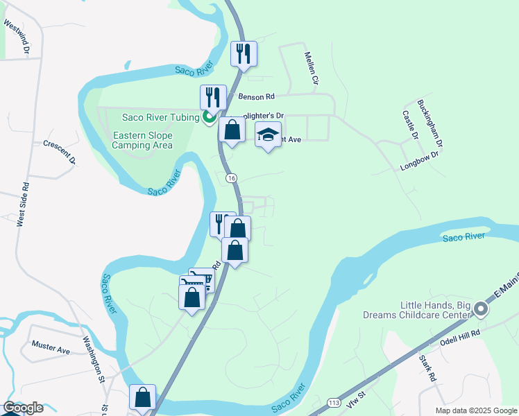 map of restaurants, bars, coffee shops, grocery stores, and more near 123 East Side Road in Conway