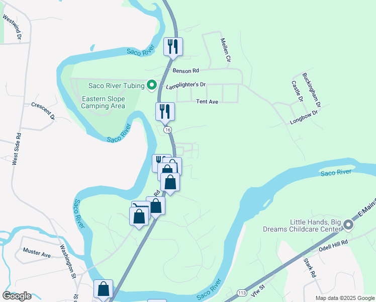 map of restaurants, bars, coffee shops, grocery stores, and more near 123 East Side Road in Conway